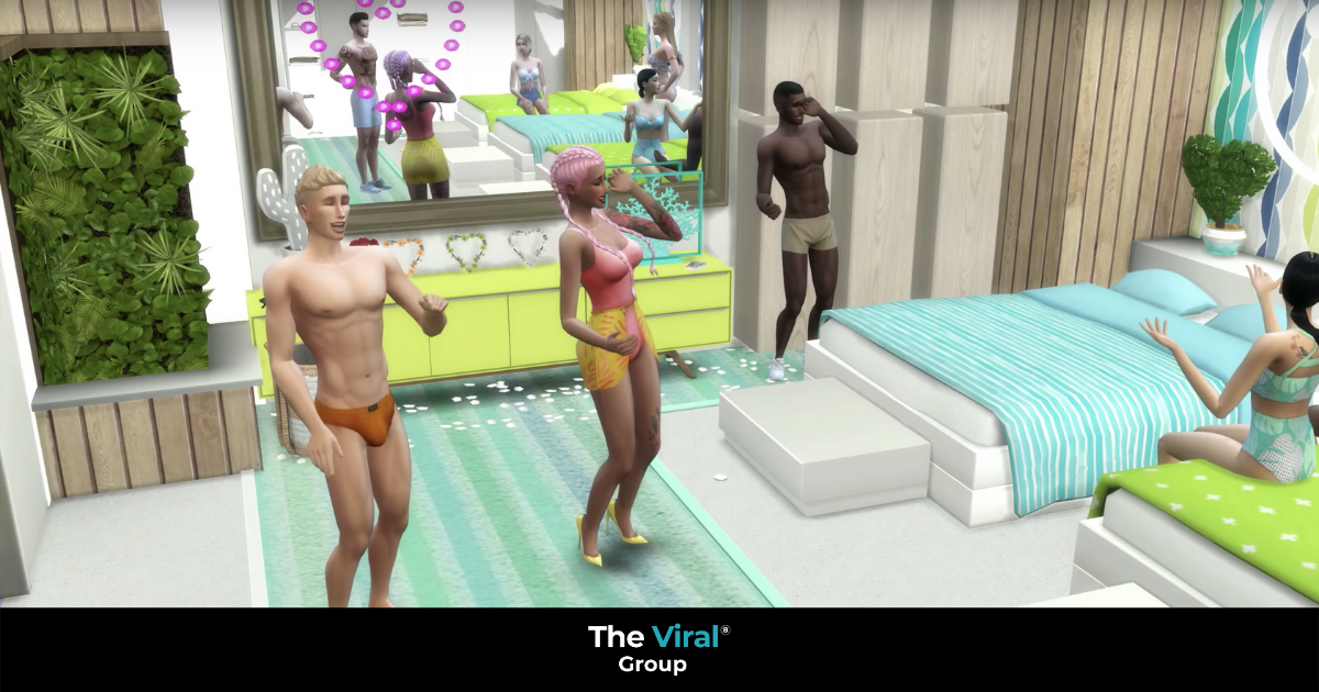 A screenshot of a scene taken from episode 1 of Sims Love Island