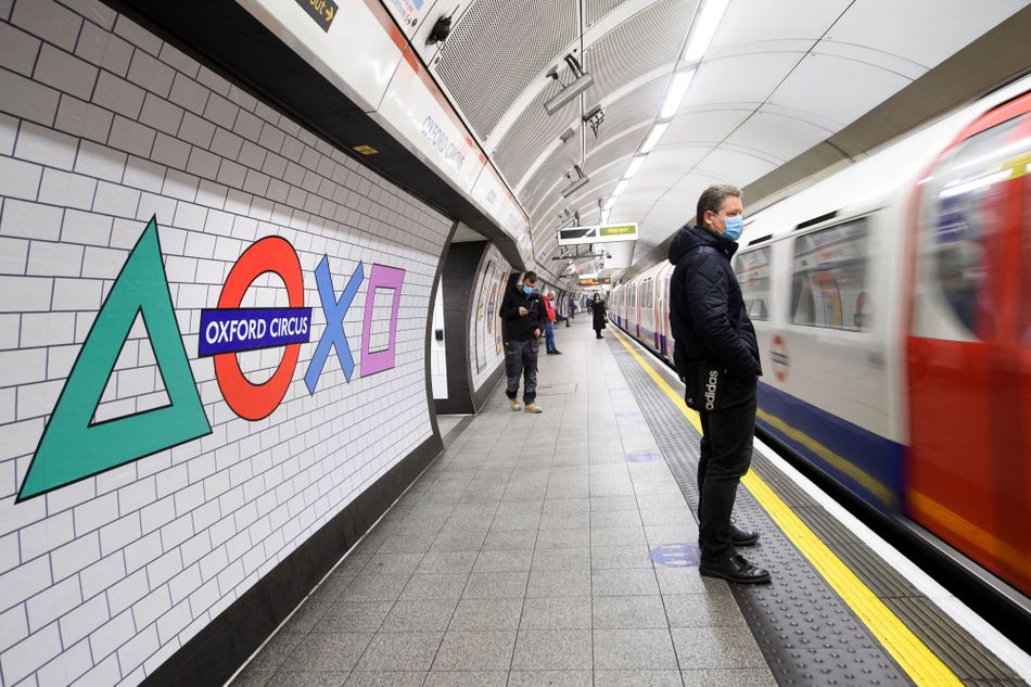 Interior of london underground tube station rebranded for playstation 5 launch